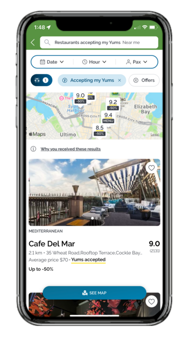 Yums restaurants on TheFork app with a view of Sydney restaurants