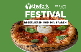 TheFork Logo mit Pizza im Hintergrund