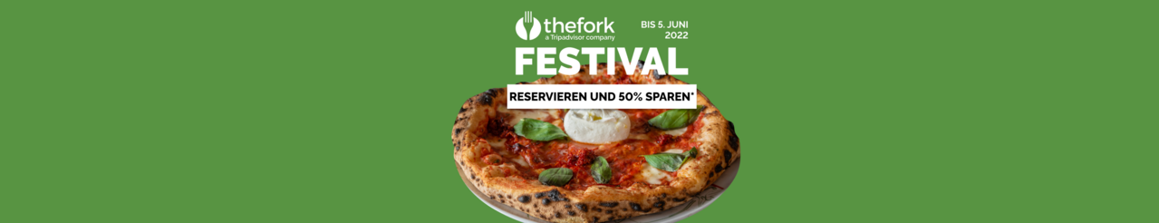 TheFork Logo mit Pizza im Hintergrund